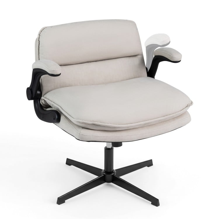 Beige Criss Cross Chair with flip-up arms, ergonomic design, padded seat, and adjustable height for home office comfort.