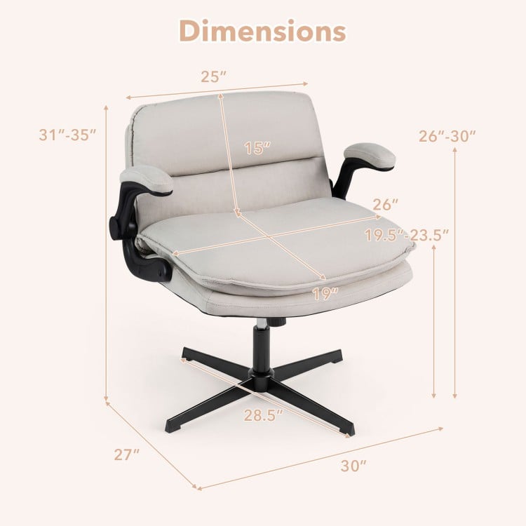 Dimensions of the Criss Cross Chair with flip-up arms, featuring a padded seat and adjustable height for ergonomic.