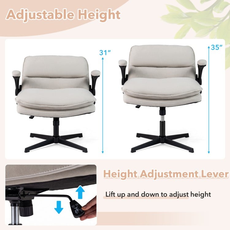 Criss Cross ergonomic office chair in beige with adjustable height, padded seat, and flip-up arms for versatile use.