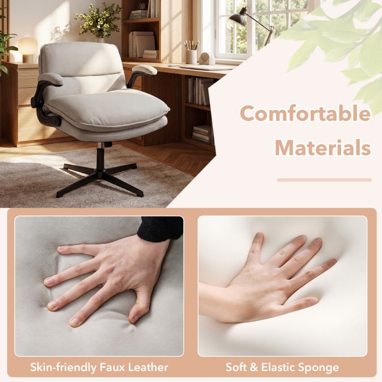 Criss Cross ergonomic office chair in beige with padded seat, flip-up arms, and adjustable height for versatile use.
