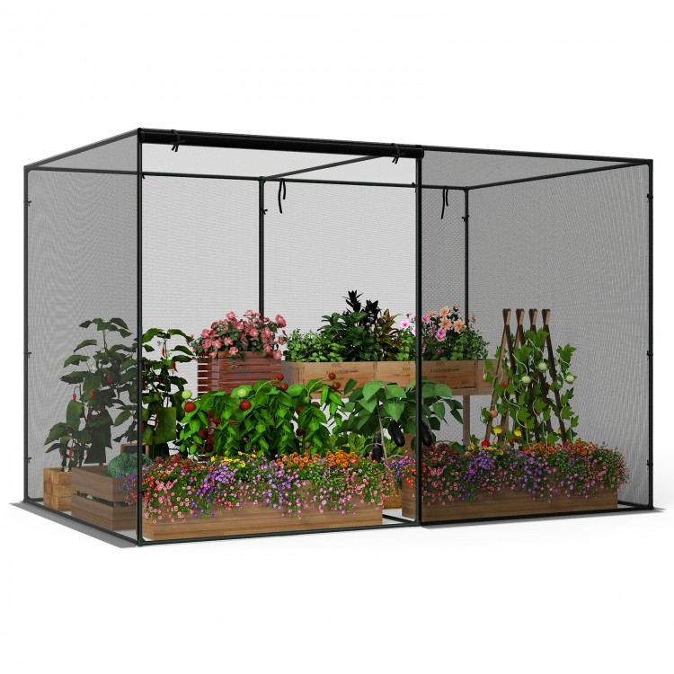 Crop cage with tear-resistant mesh and metal frame, 10 x 6.5 x 6.5 ft, protects plants from birds and animals.