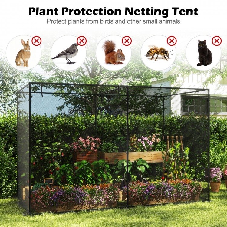 Large crop cage with tear-resistant mesh netting, 10 x 6.5 x 6.5 ft, protects plants from birds and small animals.