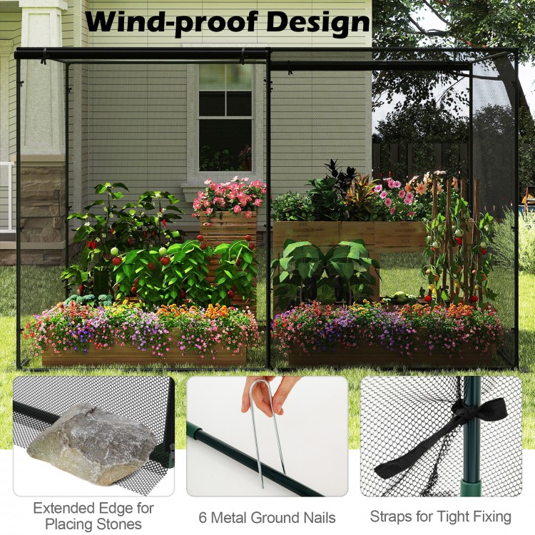 Crop cage with tear-resistant mesh, 6 ground nails, and extended edge for stability, ideal for garden plant protection.