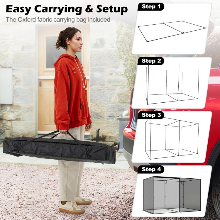 Crop cage setup steps with Oxford fabric carrying bag, designed for garden plant protection and easy transport.