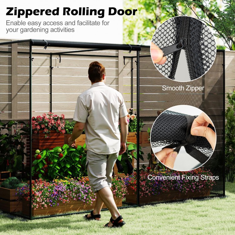 Zippered rolling door of a large crop cage, featuring tear-resistant mesh and straps for secure plant protection.