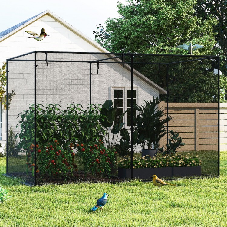 Crop cage with tear-resistant mesh, 10 x 6.5 x 6.5 ft, protects garden plants from birds and small animals.