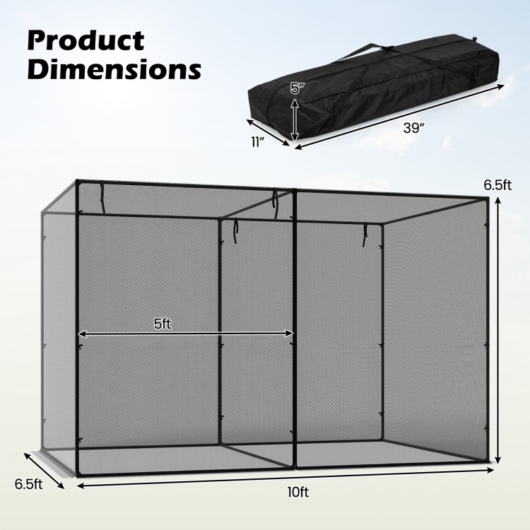 Crop cage dimensions of 10 x 6.5 x 6.5 ft with tear-resistant mesh, ideal for protecting garden plants from animals.