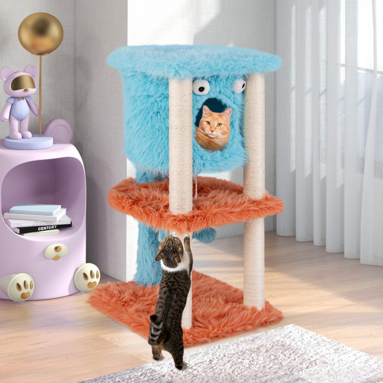 Cute monster-themed cat tower in blue with plush fabric, featuring a cozy condo and sisal scratching post for playful.