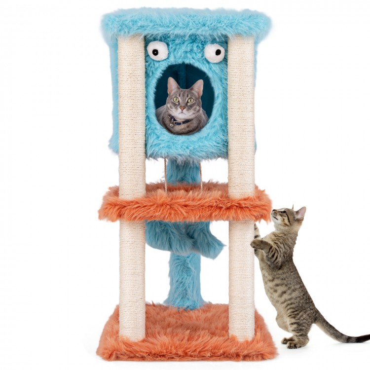 Cute monster-themed cat tower in blue with plush condo, sisal scratching posts, and playful hanging toys for cats.