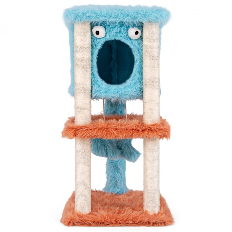 Cute monster-themed cat tower in blue and orange with plush condo, sisal scratching posts, and playful hanging toys.