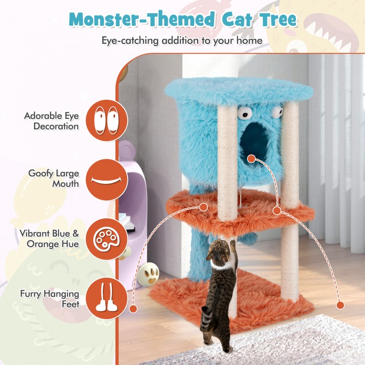 Cute monster-themed cat tower in vibrant blue with plush fabric, featuring a cozy condo and sisal scratching post for.