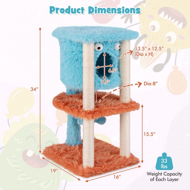 Cute monster-themed cat tower in blue with plush fabric, featuring a condo and sisal scratching post for playful cats.