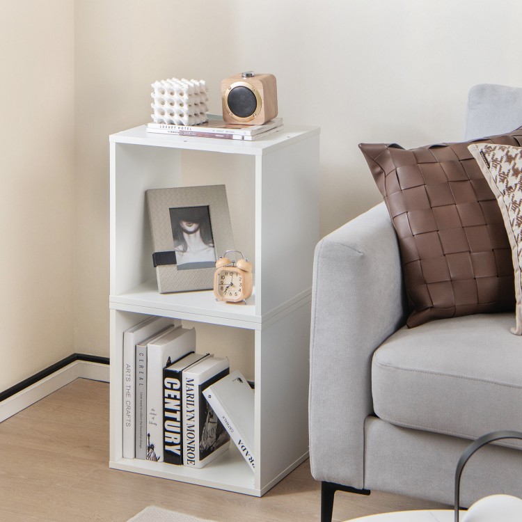 White cube storage organizer showcasing two compartments, ideal for books and decor in living room or office settings.