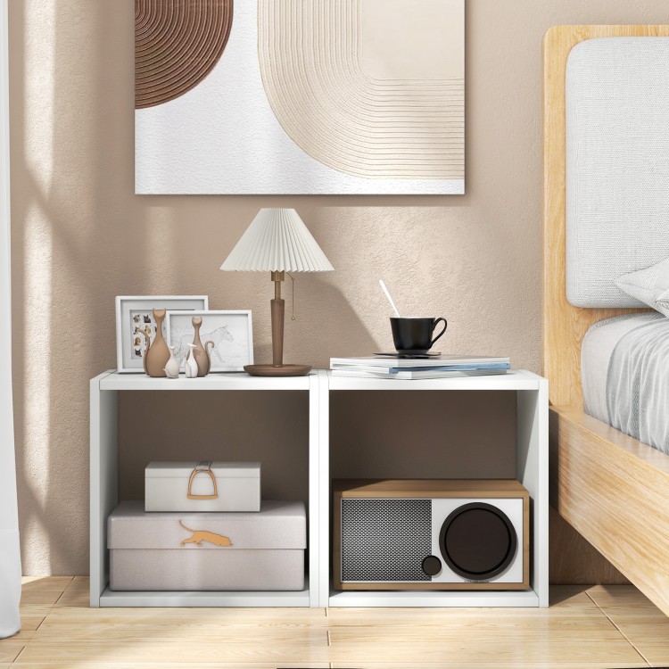 White cube storage organizer set of 2 with modular design, ideal for living room or bedroom storage solutions.