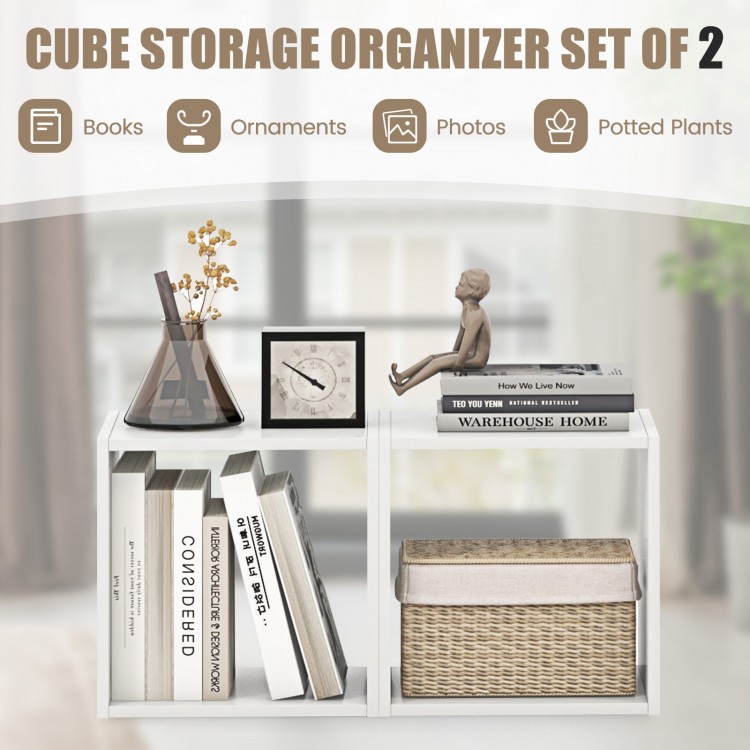 White cube storage organizer set of 2, featuring modular design and compartments for books, plants, and decor.