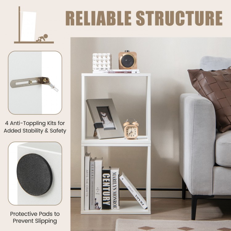 Cube storage organizer set of 2 in white, featuring anti-toppling kits and protective pads for stability and safety.