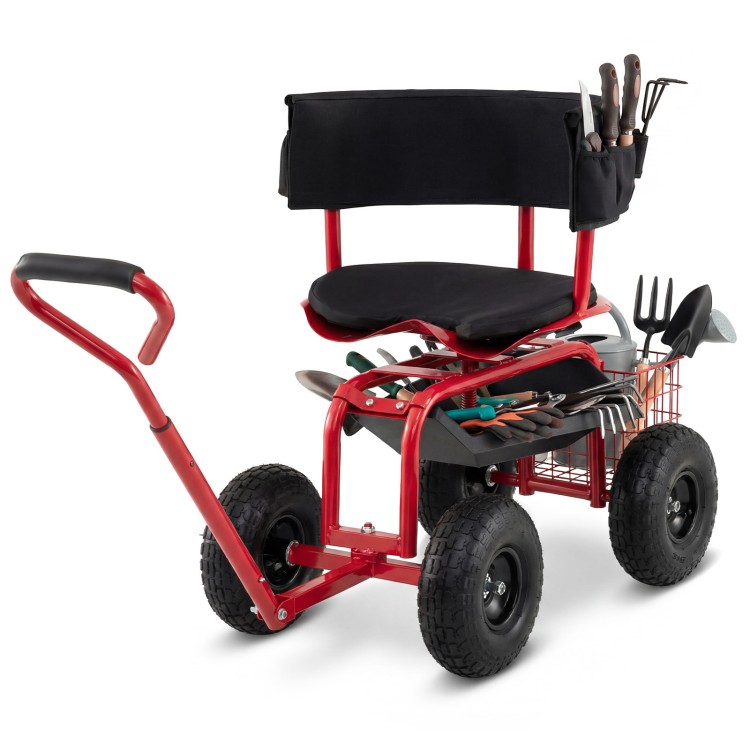 Cushioned rolling garden cart scooter in black and red with storage basket, tool pouch, and 360° swivel seat for.