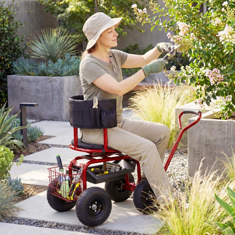 Cushioned rolling garden cart scooter in black and red, featuring a storage basket and tool pouch for easy gardening.
