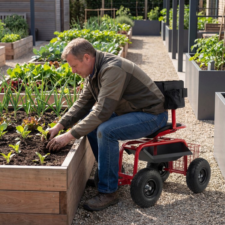 Cushioned rolling garden cart scooter in black and red, featuring a storage basket, used for planting in a garden.