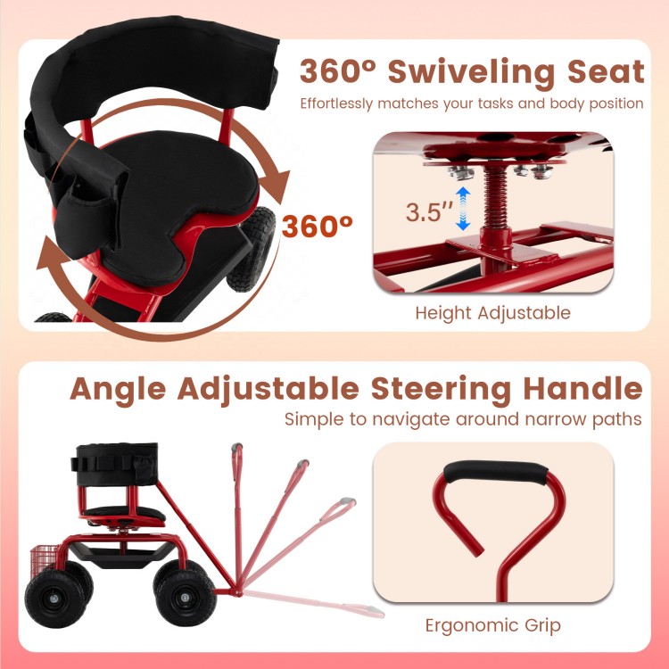 Cushioned rolling garden cart scooter with 360° swivel seat, adjustable height, and storage basket for easy gardening.