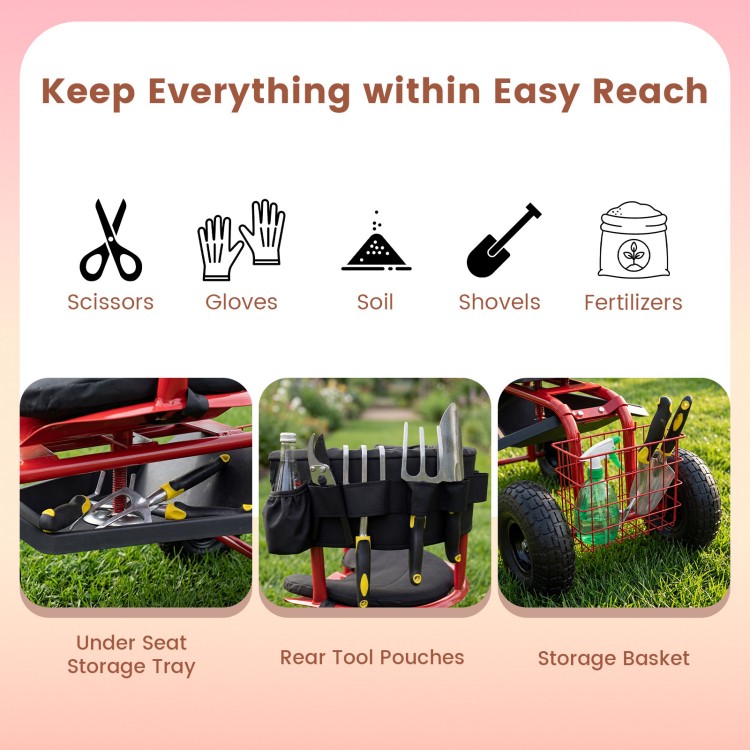 Cushioned rolling garden cart scooter in black and red with under seat storage tray and rear tool pouches for easy.