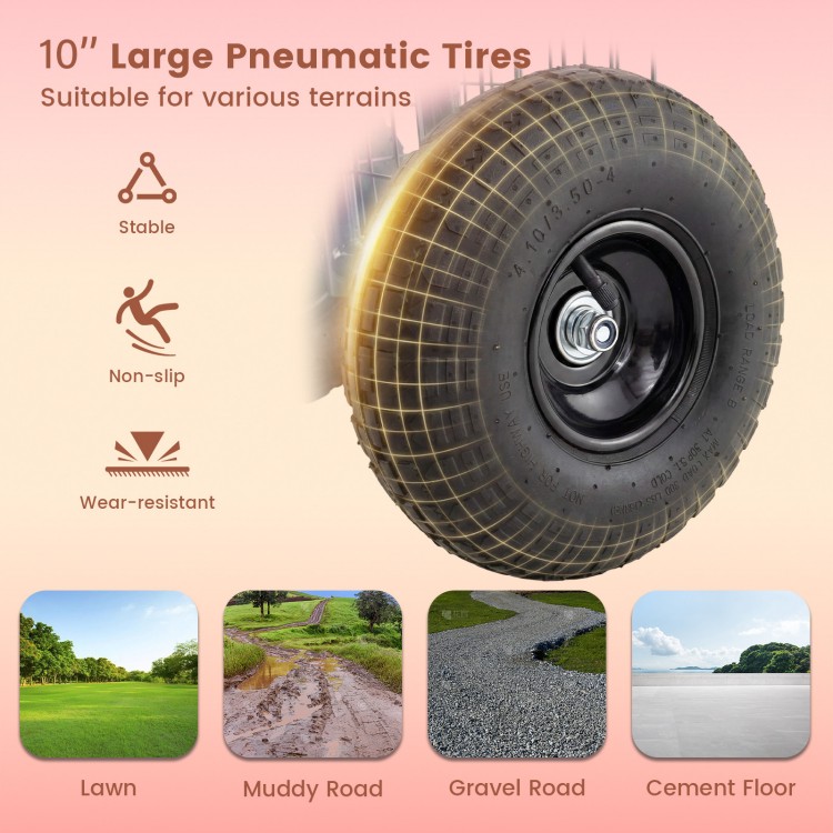 10" large pneumatic tire with deep patterns, ensuring stability and non-slip performance for various terrains.