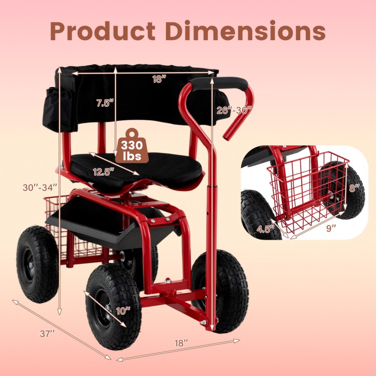Cushioned rolling garden cart scooter with adjustable seat height, storage basket, and 10" pneumatic tires for easy.