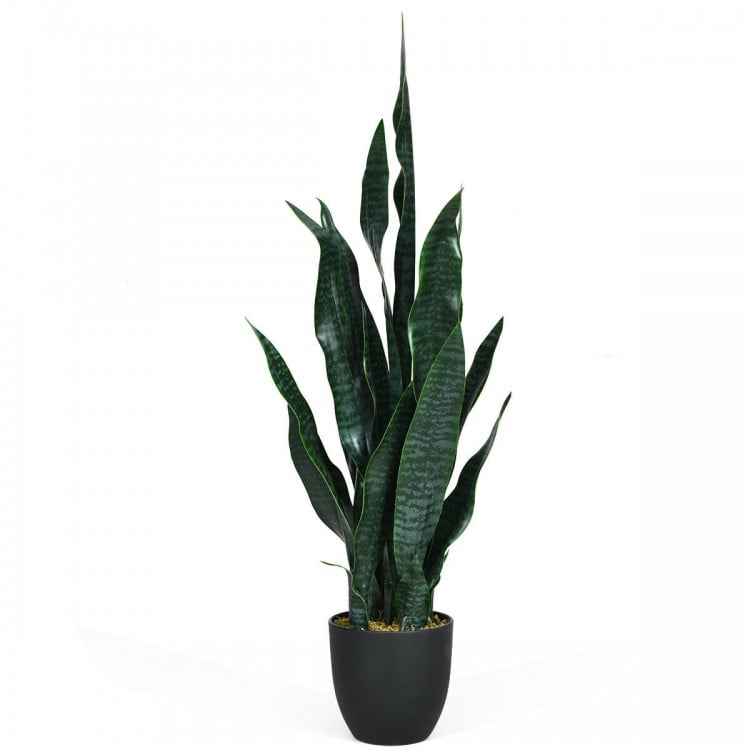 Indoor-outdoor artificial snake plant with 20 vivid green leaves in a sturdy black pot, perfect for any decor.