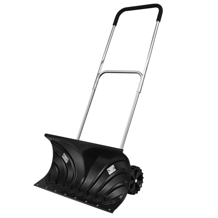 Rolling snow pusher shovel with adjustable handle, showcasing the sturdy blade and ergonomic EVA grip for easy snow.