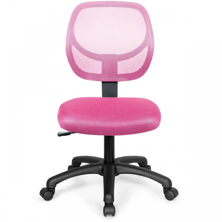 Pink low-back computer task chair featuring a cushioned seat and 360-degree swivel, perfect for enhancing workspace.