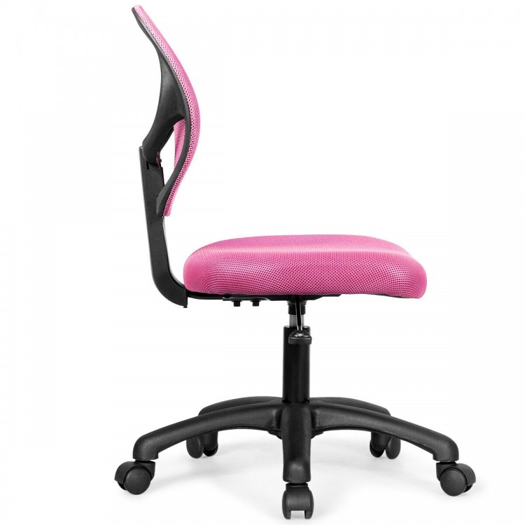 Low-back pink computer task chair with breathable mesh backrest and adjustable height for ergonomic support.