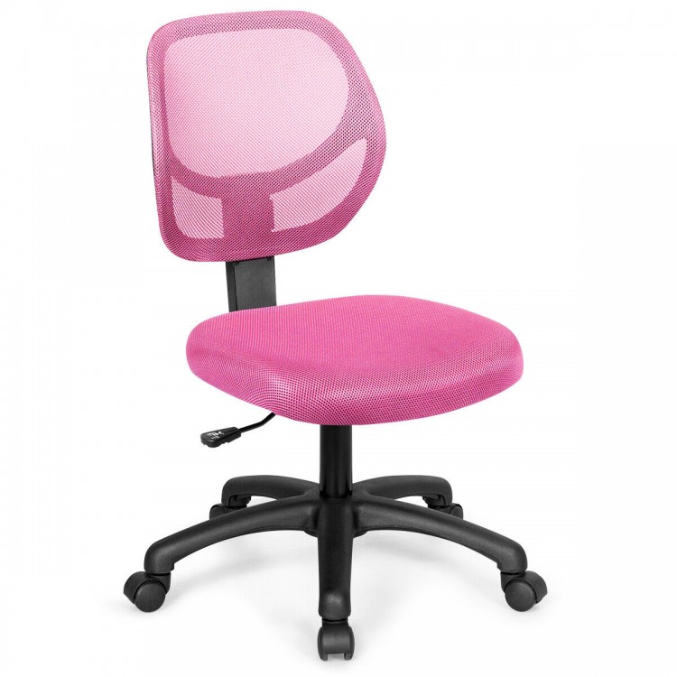 Low-back pink computer task chair with breathable mesh backrest and adjustable height for ergonomic comfort.