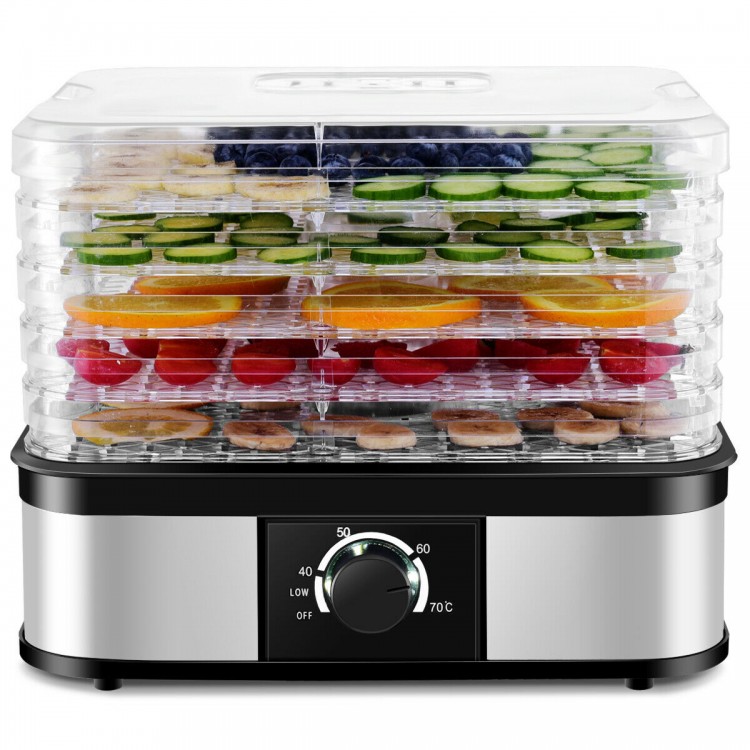 5 tray food dehydrator with adjustable thermostat and transparent design, perfect for drying fruits and vegetables.