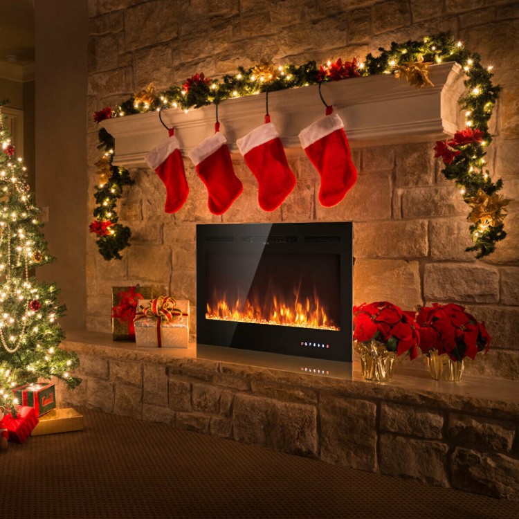 40-inch recessed electric fireplace with a tempered glass panel, crystal decoration, and adjustable flame colors for.
