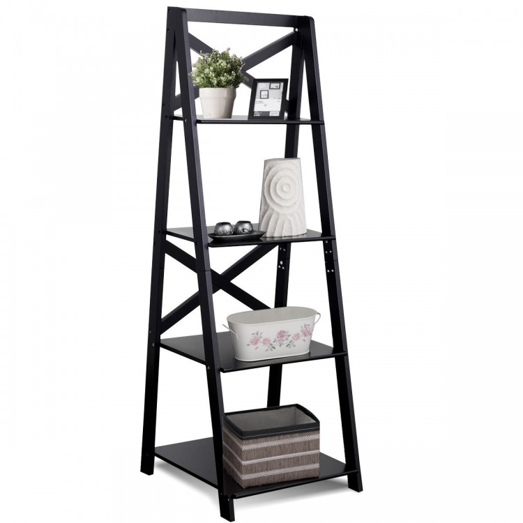 4-tier ladder bookshelf in black MDF, featuring A-shaped design for modern storage in home or office.