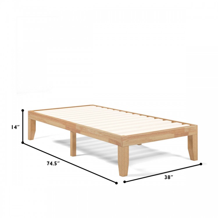 Twin size wooden slats bed frame in natural finish, 14 inches high, with 10.5" under-bed storage for efficient space.