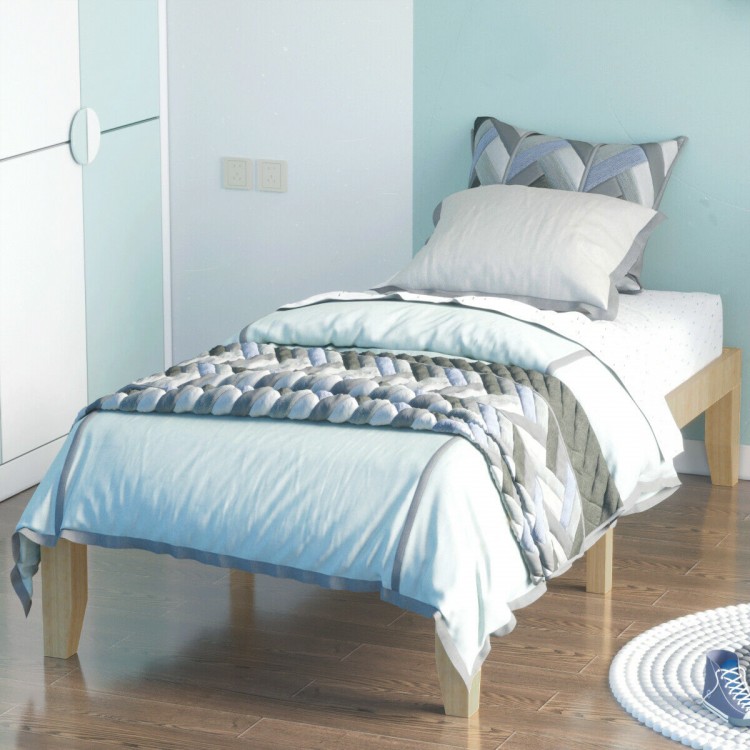 Twin size wooden slats bed frame with natural finish, featuring a modern design and large under-bed storage space.