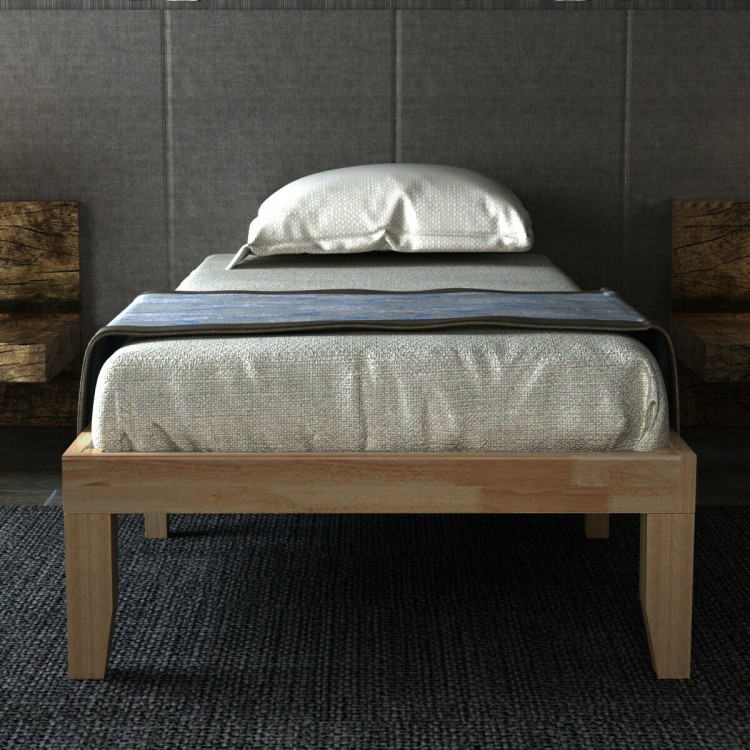 Twin size wooden slats bed frame in natural finish with 14-inch height and under-bed storage for a modern bedroom.