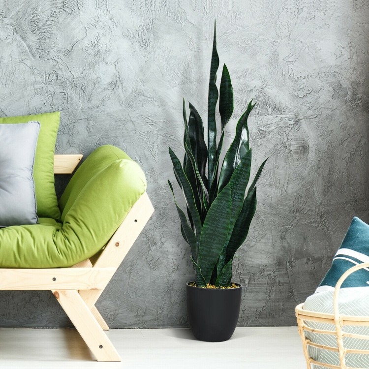 Indoor-outdoor artificial snake plant with 20 vivid leaves in a sturdy pot, perfect for home or office decor.