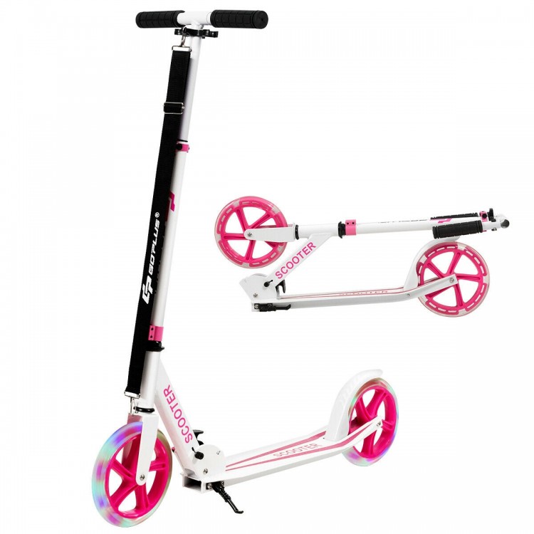 Portable folding sports kick scooter in pink with LED wheels, adjustable height, and collapsible design for easy.