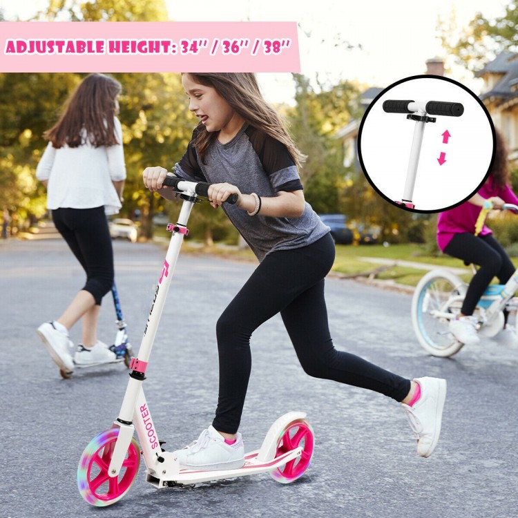 Portable folding sports kick scooter in pink with LED wheels, adjustable height, ideal for kids' outdoor fun.