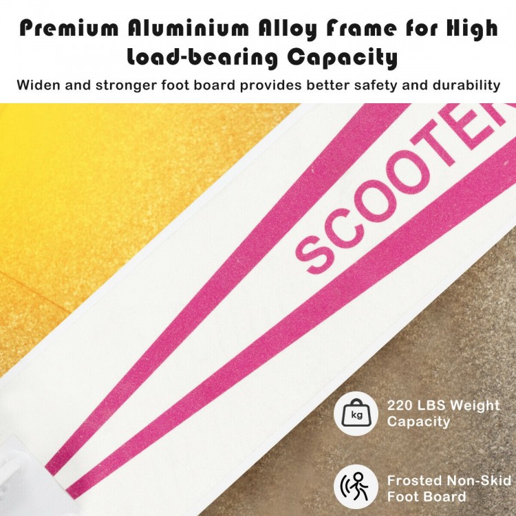 Close-up of the pink Portable Folding Sports Kick Scooter with LED wheels, featuring a premium aluminum alloy frame for.