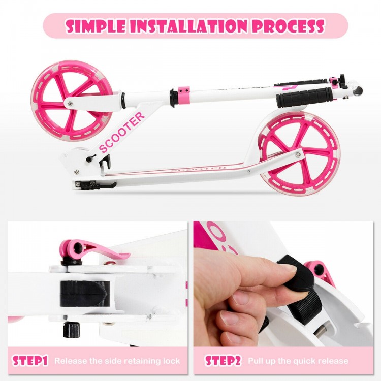 Folding sports kick scooter in pink with LED wheels, showcasing the simple installation process and adjustable height.