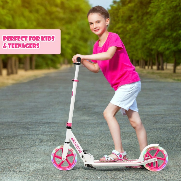 Portable folding sports kick scooter in pink with LED wheels, adjustable height, perfect for kids and teenagers.