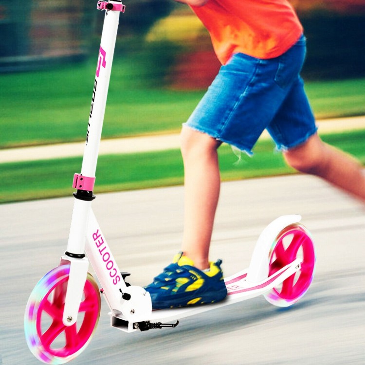 Portable folding sports kick scooter in pink with LED wheels, adjustable height, perfect for kids' outdoor fun.