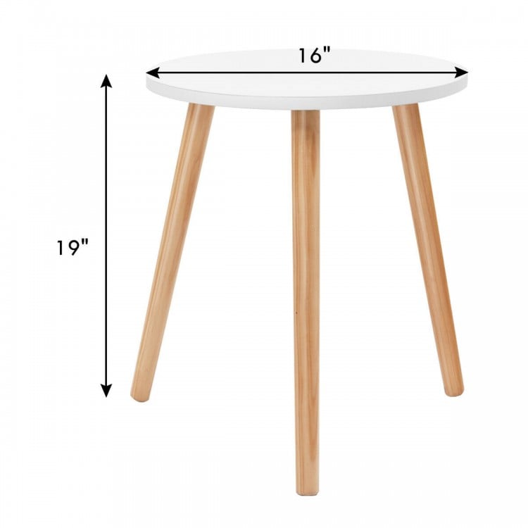 Modern round coffee table with a white MDF top and pine wood legs, measuring 16 inches in diameter and 19 inches tall.