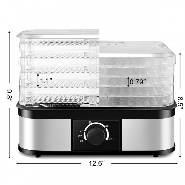 5 tray food dehydrator with adjustable thermostat for drying fruits and vegetables, featuring 360-degree heat.