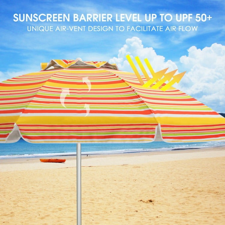 6.5ft beach umbrella in orange with UPF 50+ sun protection, featuring a tilt mechanism and air vent design for airflow.