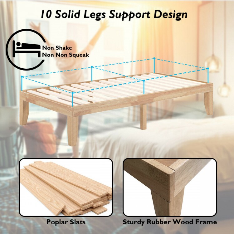Twin size wooden slats bed frame with poplar slats, sturdy rubber wood, and 10 solid legs for stability and support.