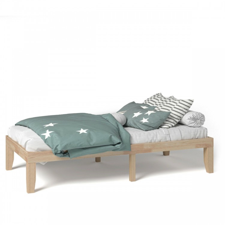 Twin size wooden slats bed frame in natural finish with teal star-patterned bedding, ideal for comfortable sleep.